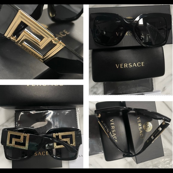VERSACE STUNNING BLACK SQUARE FRAME SUNGLASSES WITH DRAMATIC GOLD GRECA LOGO - Picture 13 of 16